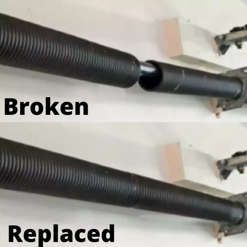 A broken garage door torsion spring with a gap in the coils, above the same spring after replacement